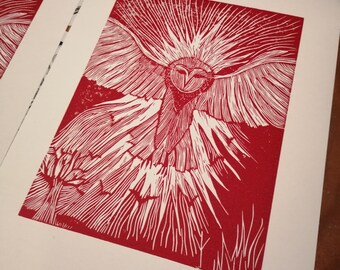 Handmade owl linocut limited edition print affordable art print linoprint relief print wall art