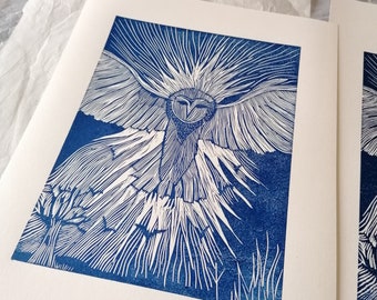 Handmade owl linocut limited edition print affordable art print linoprint relief print wall art