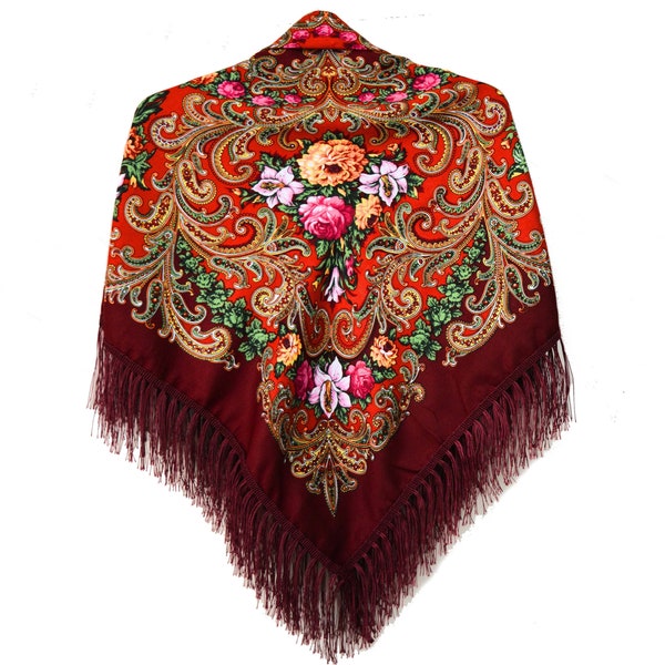 Traditional Romanian shawl with rose flowers, in retro boho ethnic style. Scarf for Women's Day. Foulard Roumain, shawl Moldave. 110x110cm