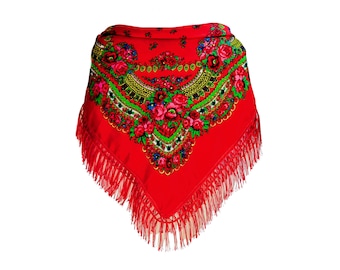 Romanian traditional scarf, Red Square scarf with fringe and rose folk fashion for Women's Day. Moldavian Folk scarf shawl. 70x70cm