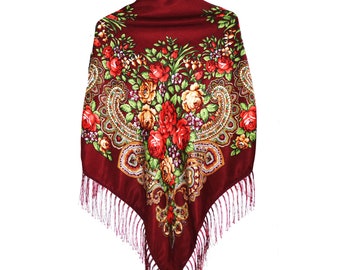 Shawl Scarf Romanian. Square scarf with fringe and flower in folk fashion. Retro Shawl. Moldova. Ukraine. Polish. Czech Shawl. 110x110cm