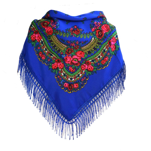 Traditional Romanian Moldavian Folk Scarf, Blue square shawl with tassels, in boho ethnic style. Foulard Roumain, Moldave, Sjaal 70x70cm
