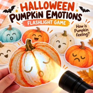 Op de afbeelding: Een Halloween Pumpkin Emotions zaklamp-spelset met meerdere pompoenuitsparingen met diverse gezichtsuitdrukkingen. De tekst luidt HALLOWEEN PUMPKIN EMOTIONS FLASHLIGHT GAME en How is Pumpkin feeling? Een zwarte zaklamp verlicht een pompoen.