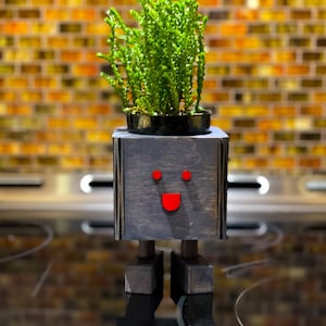 May include: A wooden planter shaped like a robot with a happy face. The planter is painted dark gray with red accents. A green plant is growing out of the top of the planter.