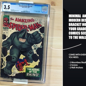 Puede incluir: Una caja de plástico transparente con un cómic dentro. El cómic está calificado con un 3,5 por CGC y presenta a Spider-Man luchando contra Rhino. El texto en la portada del cómic dice "The Amazing Spider-Man" y "The Horns of the Rhino!"