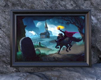 May include: A framed illustration of a rider on horseback galloping through a dark, foggy landscape. The rider is wearing a red cloak and holding a torch. In the background, a church with a steeple is visible.