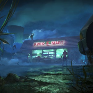 Simpsons Horror art featuring the Kwik-E-Mart from The Simpsons in a chilling zombie apocalypse scene. Perfect for fans of The Simpsons and horror, this print adds a unique touch to Halloween decor and makes an ideal Simpsons gift or horror poster.