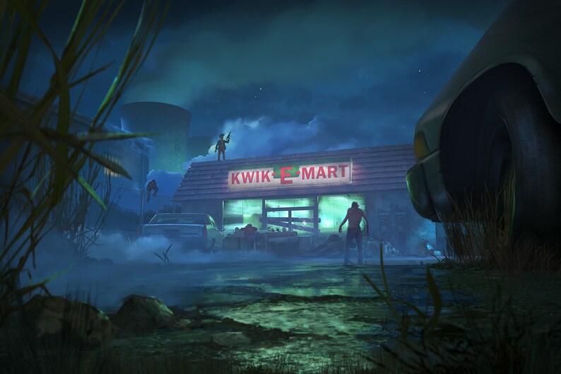 Simpsons Horror art featuring the Kwik-E-Mart from The Simpsons in a chilling zombie apocalypse scene. Perfect for fans of The Simpsons and horror, this print adds a unique touch to Halloween decor and makes an ideal Simpsons gift or horror poster.