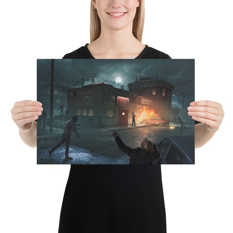 Young girl holding an art print depicting Moe's Tavern from The Simpsons mixed with a zombie apocalypse scene and a glowing spooky moon shining down on the post-apocalyptic world below. Ideal spooky illustration for your wall.