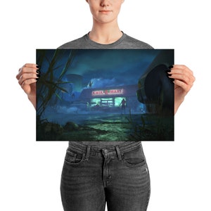 Simpsons Horror art featuring the Kwik-E-Mart from The Simpsons in a chilling zombie apocalypse scene. Perfect for fans of The Simpsons and horror, this print adds a unique touch to Halloween decor and makes an ideal Simpsons gift or horror poster.
