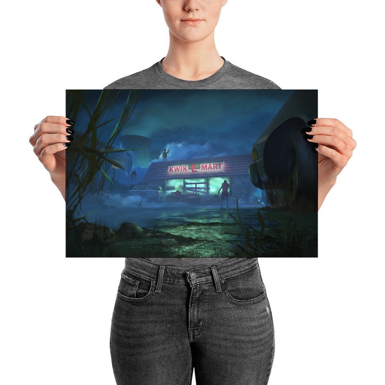 Simpsons Horror art featuring the Kwik-E-Mart from The Simpsons in a chilling zombie apocalypse scene. Perfect for fans of The Simpsons and horror, this print adds a unique touch to Halloween decor and makes an ideal Simpsons gift or horror poster.