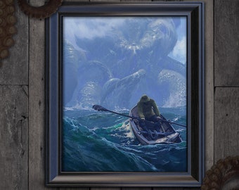 Impression de cthulhu, affiche de cthulhu, impression d'art de cthulhu, peinture de cthulhu, mer orageuse, peinture d'océan