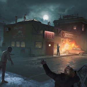 A digital painting depicting Moe's Tavern from The Simpsons mixed with a zombie apocalypse scene and a glowing spooky moon shining down on the post-apocalyptic world below. Ideal spooky illustration for your wall.