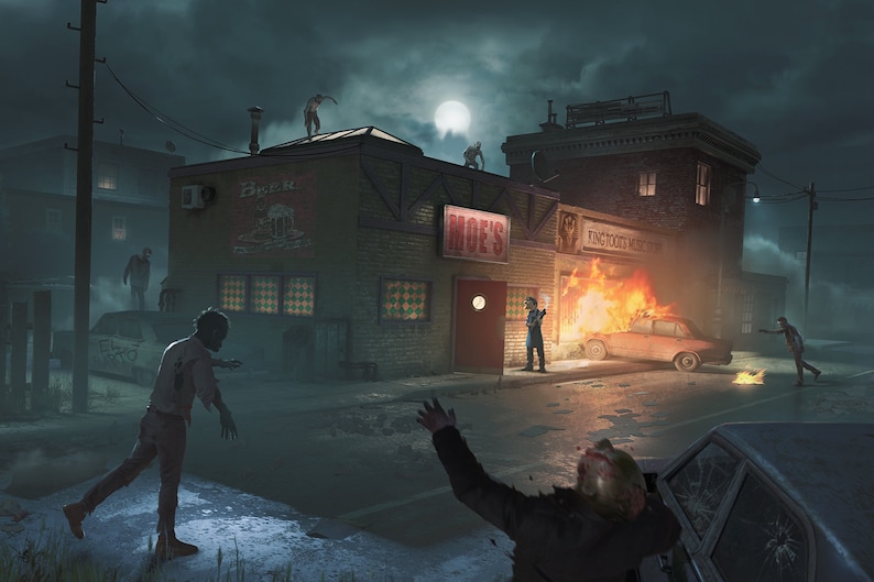 A digital painting depicting Moe's Tavern from The Simpsons mixed with a zombie apocalypse scene and a glowing spooky moon shining down on the post-apocalyptic world below. Ideal spooky illustration for your wall.