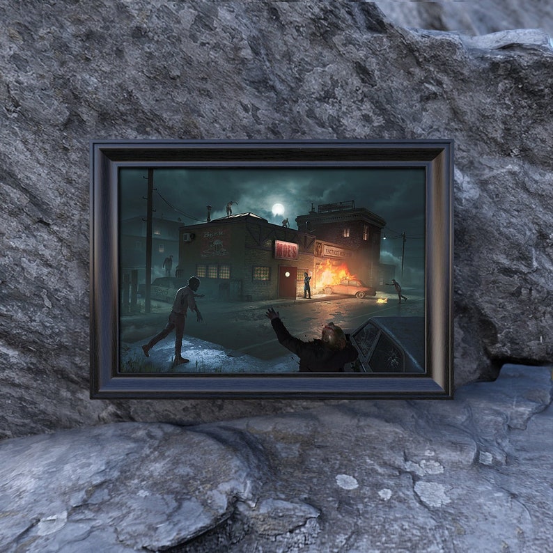 An art print depicting Moe's Tavern from The Simpsons mixed with a zombie apocalypse scene and a glowing spooky moon shining down on the post-apocalyptic world below. Ideal spooky illustration for your wall.