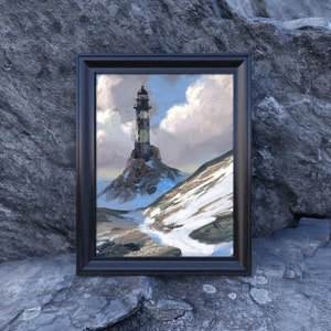 Lighthouse Painting Poster - digital painting in style of old oil painting - snowscape, mountain painting, lighthouse poster