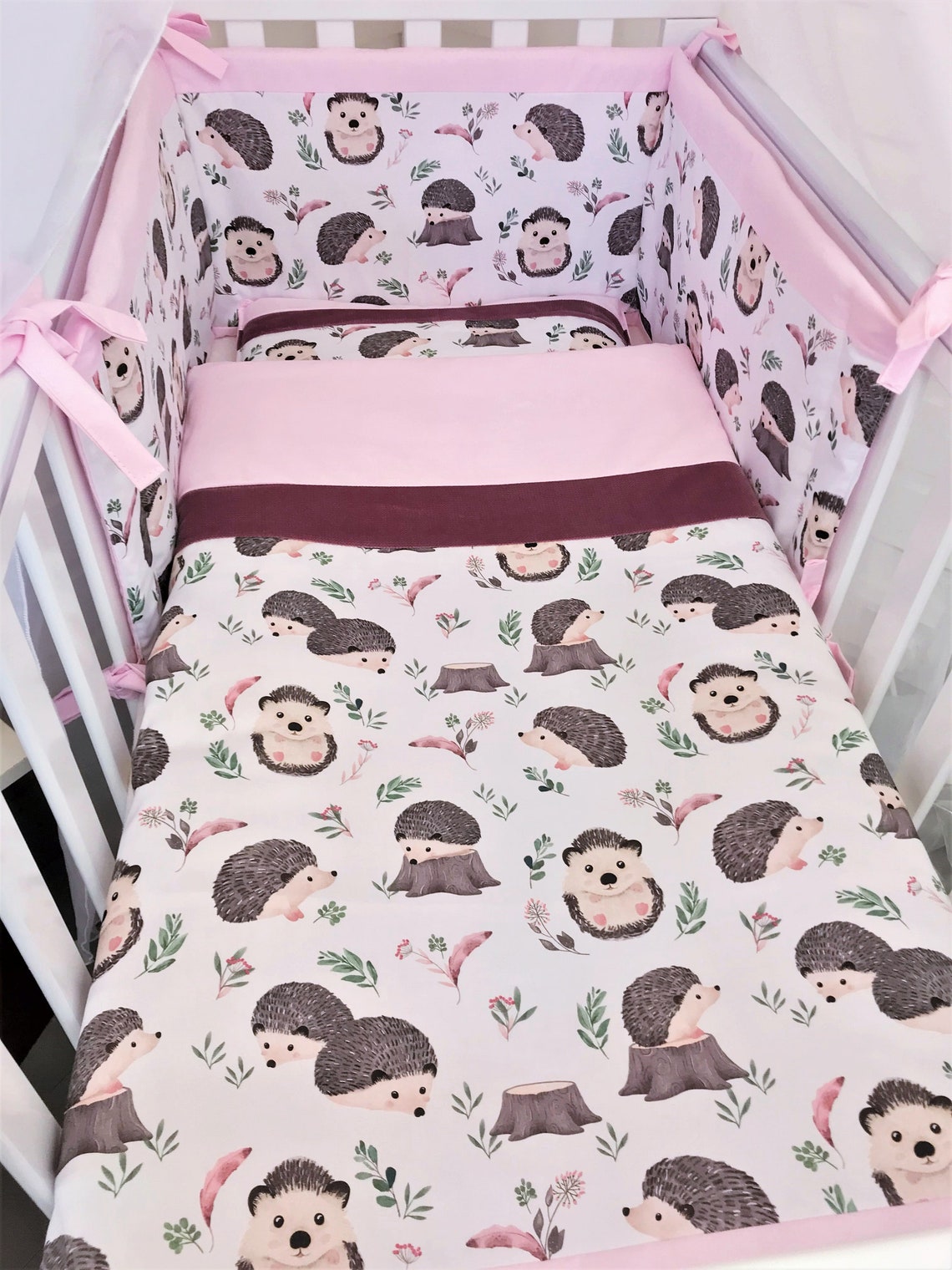 Woodland cotton baby bedding set digital print hedgehog pink Etsy