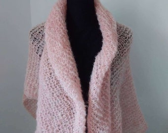 Hand-knitted triangular scarf, knitted alpaca scarf, pink shoulder scarf