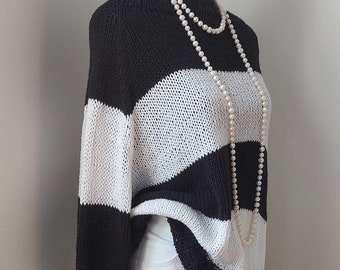 Sweater hand-knitted black/white, summer sweater casual, elegant, sweater linen/cotton, unique