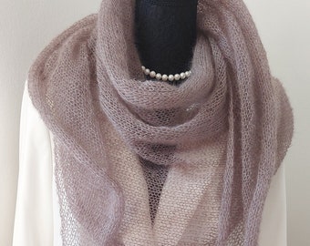 Triangular shawl hand-knitted mohair/silk, feather-light shawl, lace stole knitted mauve, bridal stole, gift for woman, elegant scarf