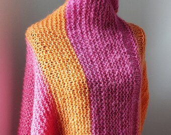 Handgebreide driehoekige sjaal, zachte bouclé sjaal, warm, dik, licht, volumineus, roze oranje alpaca sjaal, uniek