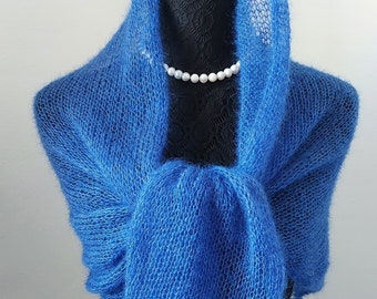 Sciarpa triangolare lavorata a mano, sciarpa da donna, sciarpa di pizzo mohair/seta, stola blu, soffice, voluminosa, stola festosa