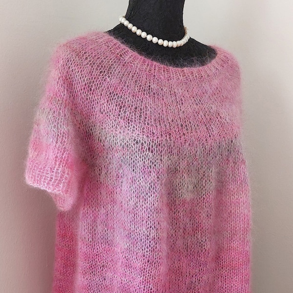 Short-sleeved sweater hand-knitted, oversize, sweater knitted with round neck, sweater mohair, tunic summer