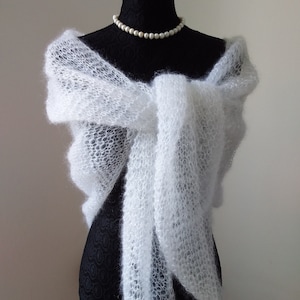 Knitted triangular scarf, mohair/silk scarf, white stole, bridal stole with subtle lurex thread, 2 variants ivory without lurex thread