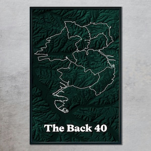 The Back 40 - Pôster de mapa de terreno de trilha de mountain bike - Bella Vista Mountain Biking, Northwest Arkansas, arte de parede, Bentonville