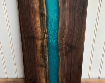 Blue-Green, Turquoise Epoxy river board, serving tray, walnut, resin, handmade, charcuterie board