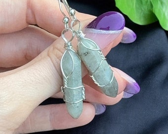 Handmade Wire Wrapped Labradorite Earrings: Sterling Silver Boho Jewelry
