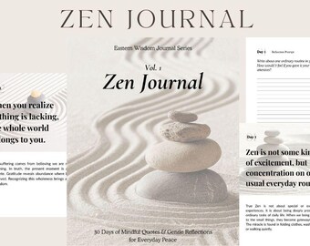 Könnte beinhalten: Ein druckbares Zen-Journal im Format 21,6 x 27,9 cm mit einem Cover, das gestapelte Steine auf einem Sandhintergrund zeigt. Das Journal enthält Zitate und Reflexionen für den täglichen Frieden. Der Text auf dem Cover lautet "30-Tage Achtsamkeit Zen Journal".