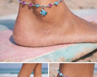 Regalo para chica surfista, tobillera de playa impermeable, pulsera de tobillo de ganchillo con cristales, joyería inspirada en el océano, accesorio de estilo surf.