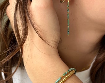 Sierlijke turquoise gouden oorbellen, Miyuki-kralen, gegalvaniseerd goud, hoepels of druppels