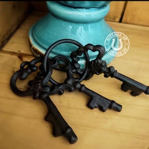 May include: Three black metal skeleton keys with ornate, decorative bows and jagged bits, all attached to a single circular metal ring. A circular logo with a horseshoe icon and the text HITCHED UP is visible on the right side of the keys.