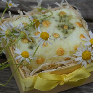 May include: A yellow gift box with a yellow bow filled with a white crocheted soap with green and gold accents. The box is surrounded by white daisies.