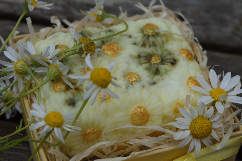May include: A white soap bar with a floral design and gold accents, nestled in a bed of straw and surrounded by white daisies.