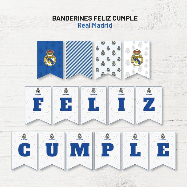 May include: A Real Madrid themed birthday banner with white flags with blue trim and a white background with a repeating pattern of the Real Madrid logo. The flags spell out "FELIZ CUMPLE" in blue letters.