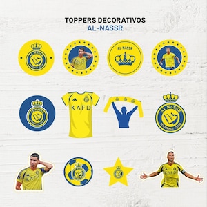 May include: A set of 10 yellow and blue round cake toppers featuring a footballer, a football, a star, a jersey, a crown, and a football team logo. The text on the toppers reads "AL-NASSR" and "KAFD".
