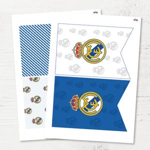 May include: Printable Real Madrid football team banner with a white background and a blue background. The banner features the Real Madrid logo with a crown and the letters "RM" in the centre. The banner is perfect for a Real Madrid themed party or event.