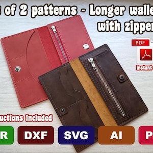 Może przedstawiać: Dwa wzory portfeli skórzanych w kolorze czerwonym i brązowym, z zamkami błyskawicznymi i zatrzaskami. Obraz zawiera tekst "Set of 2 patterns - Longer wallets with zippers", "instant download" oraz ikony typów plików CDR, DXF, SVG, AI i PDF.