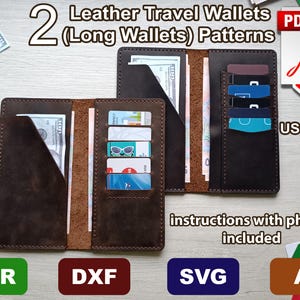 2 patrones de billeteras largas de cuero - Juego de patrones de billeteras de viaje de cuero / PDF de billetera larga y archivo de corte láser/CNC / Billetera de cuero DIY