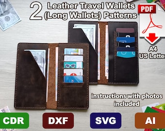 2 Leather Long Wallet Patterns - Leather Travel Wallet Pattern Set | Long Wallet PDF & CNC/Laser Cutting File | DIY Leather Wallet