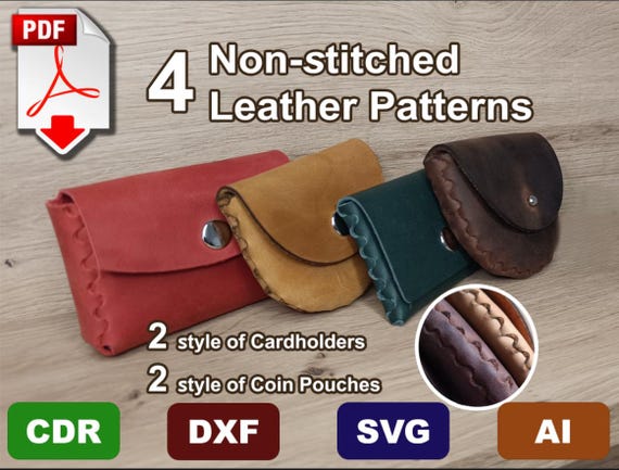 4 Non-stitched Leather Patterns - DIY - Pdf Download - svg, dxf, ai, cdr Files for Laser Cutting - no sew cardholder, coin purse