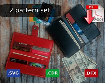2 leather Long Wallets - Pattern - DIY - Pdf Download + Svg, Cdr, Dxf