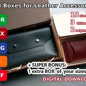 May include: A set of 108 digital download files for leather accessory boxes. The files are available in .CDR, .DFX, .SVG, .AI, and .PDF formats. The image shows a sample box made from leather. The text on the image reads "108 Boxes for Leather Accessories", "18 sizes", "3 thicknesses", "2 heights", "+ SUPER BONUS: 1 extra BOX of your sizes", and "DIGITAL DOWNLOAD".