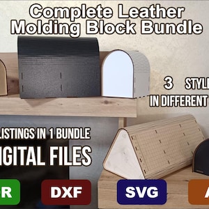 Puede incluir: Un paquete de descarga digital de tres diseños de bloques de moldeo de cuero en diferentes tamaños. Los diseños se muestran en negro, blanco y tonos de madera. El paquete incluye archivos CDR, DXF, SVG y AI. 3 LISTINGS IN 1 BUNDLE DIGITAL FILES