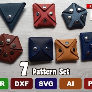 Può includere: Una collezione di sette portamonete in pelle di varie forme e colori, tra cui blu navy, rosso, marrone e beige. Ogni portamonete è dotato di chiusure a scatto in metallo. L'immagine include anche il testo "7 Pattern Set" e icone di tipo di file.