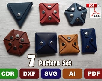 7 Leather Coin Pouch Patterns - DIY No Sew Leather Coin Purse Templates - Pdf, Svg, Dxf, AI, Cdr - Laser Cut & Printable Files