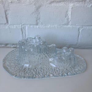 May include: A clear glass decorative bowl with a textured, organic design. The bowl has a raised, irregular rim and a wide, textured base. The glass has a frosted appearance, and the bowl is likely used for decorative purposes.